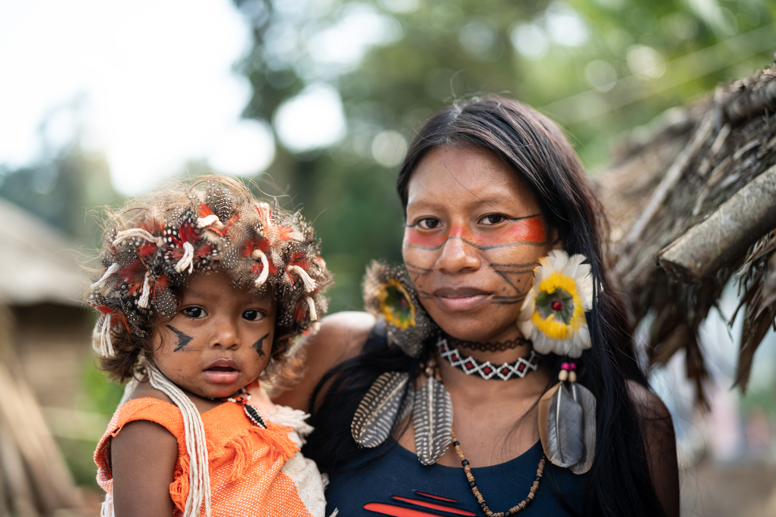 Indigenous Brazilian Young Woman and Her Child, Portrait from Guarani Ethnicity