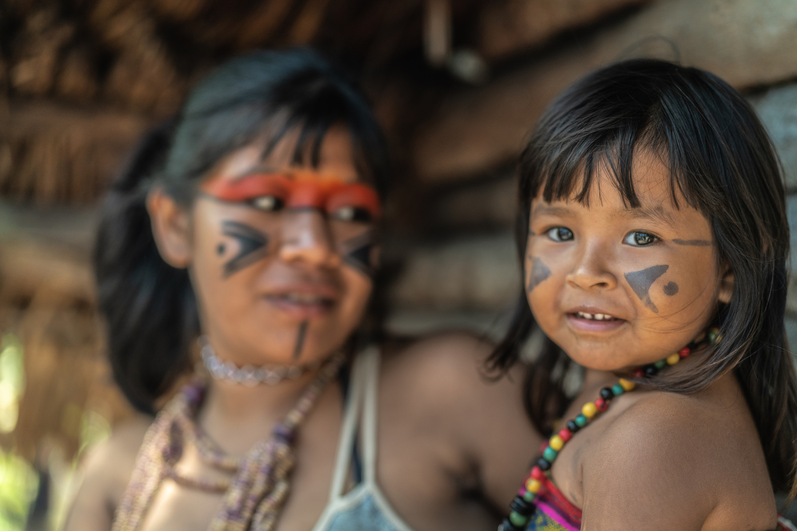 Indigenous Brazilian Young Woman and Her Child, Portrait from Tupi Guarani Ethnicity