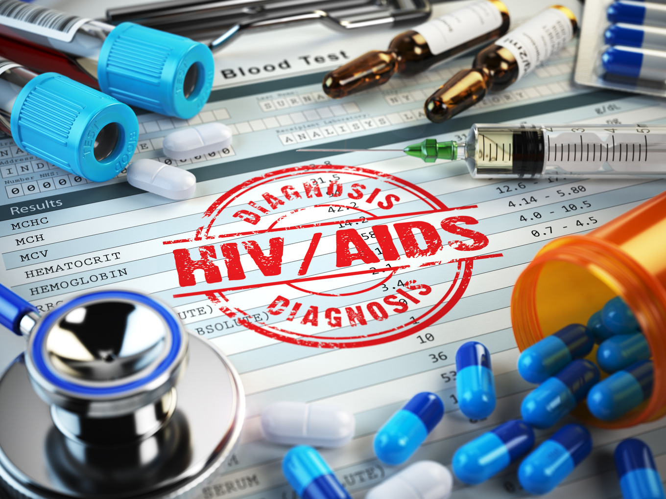 HIV AIDS diagnosis. Stamp, stethoscope, syringe, blood test and